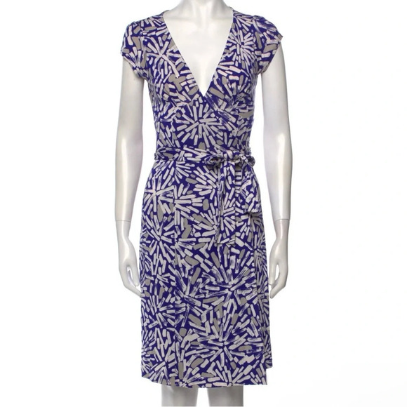 DVF Kye Paint Stroke Silk Jersey Knit Wrap Dress Blue Wrap Dress Small Sz 10 Tag - Picture 1 of 12